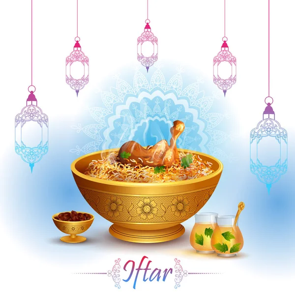 Χαιρετισμούς Kareem Ραμαζάνι Ραμαζανιού φόντο με Iftar φαγητό και ποτό — Διανυσματικό Αρχείο