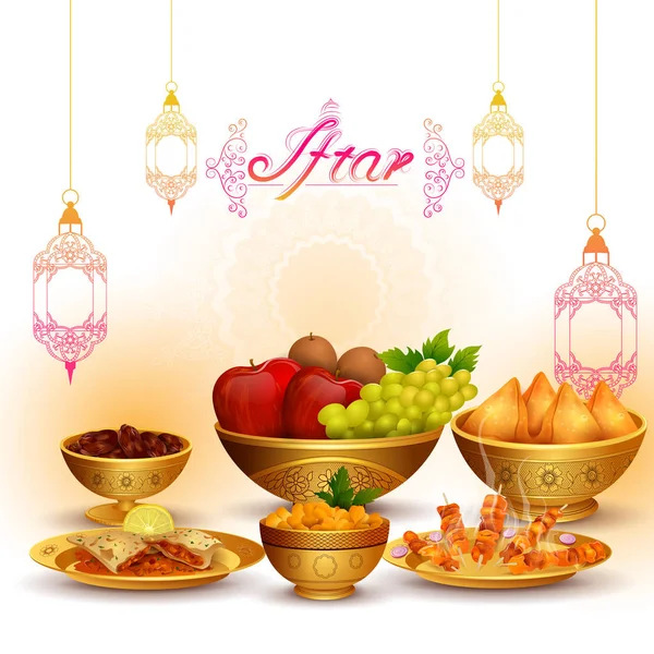 Ramadan Kareem Salutations pour le fond Ramadan avec Iftar Food and Drink — Image vectorielle