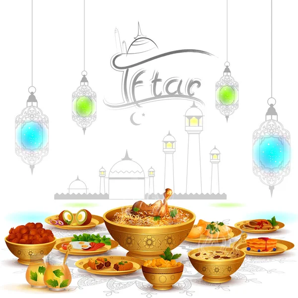 Ramadan Kareem Salutations pour le fond Ramadan avec Iftar Food and Drink — Image vectorielle