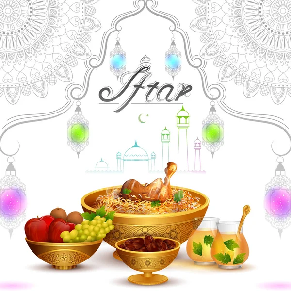 Ramadan Kareem Salutations pour le fond Ramadan avec Iftar Food and Drink — Image vectorielle