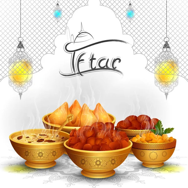 Ramadan Kareem Salutations pour le fond Ramadan avec Iftar Food and Drink — Image vectorielle