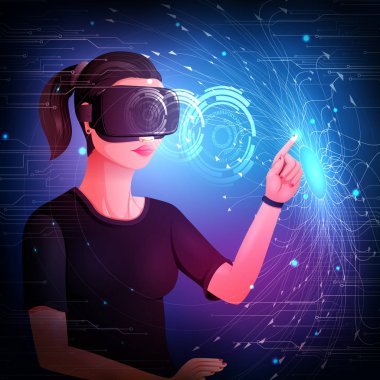 Sanal gerçeklik gözlüğü takan ve gelecekten gelen siber manzara teknolojisi deneyimi olan bir kadın.