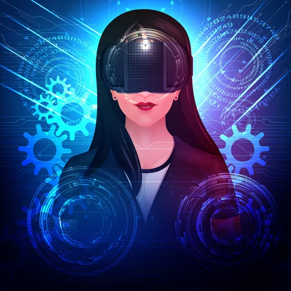 Woman wearing VR virtual Reality headset glasses and experiencing futuristic cyberscape technology — Stock Vector