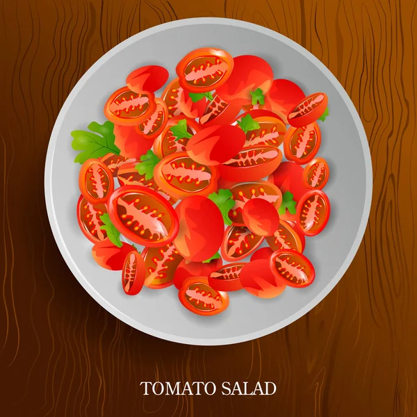 Verse en gezonde tomatensalade op houten achtergrond — Stockvector