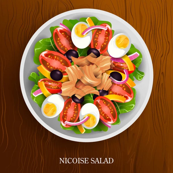 Fresco e sano Nicoise Saladon sfondo in legno — Vettoriale Stock