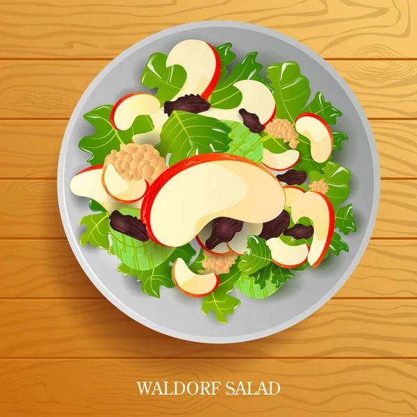 Φρέσκια και υγιή σαλάτα Γουόλντορφ σε ξύλινο φόντο — Διανυσματικό Αρχείο