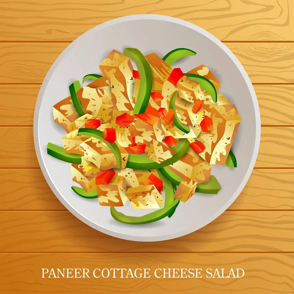 Ensalada de queso Paneer Cottage fresca y saludable sobre fondo de madera — Vector de stock