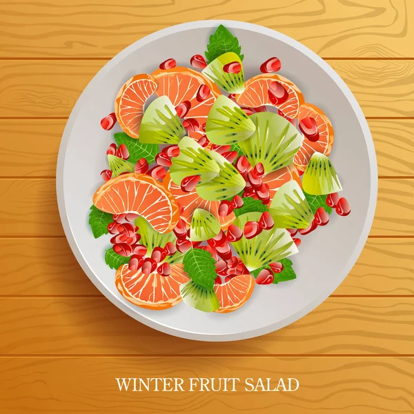 Frisse en gezonde winter fruit salade op houten achtergrond — Stockvector