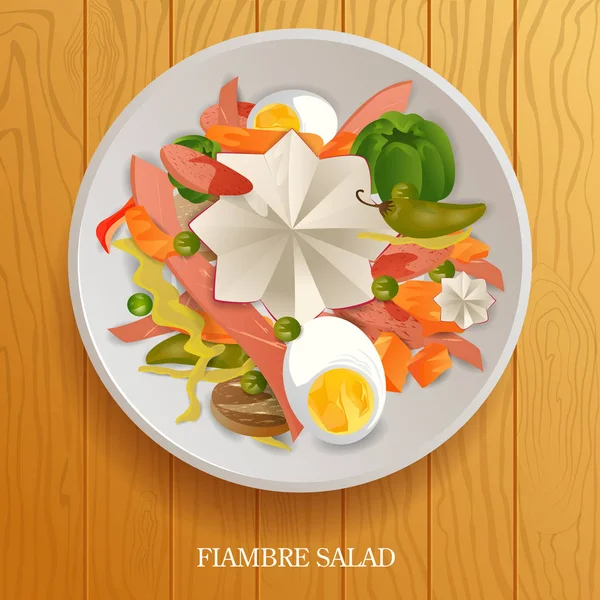 Свежий и здоровый салат Fiambre на деревянном фоне — стоковый вектор