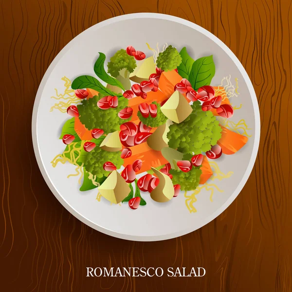 Φρέσκια και υγιή σαλάτα Ρομανέσκο σε ξύλινο φόντο — Διανυσματικό Αρχείο