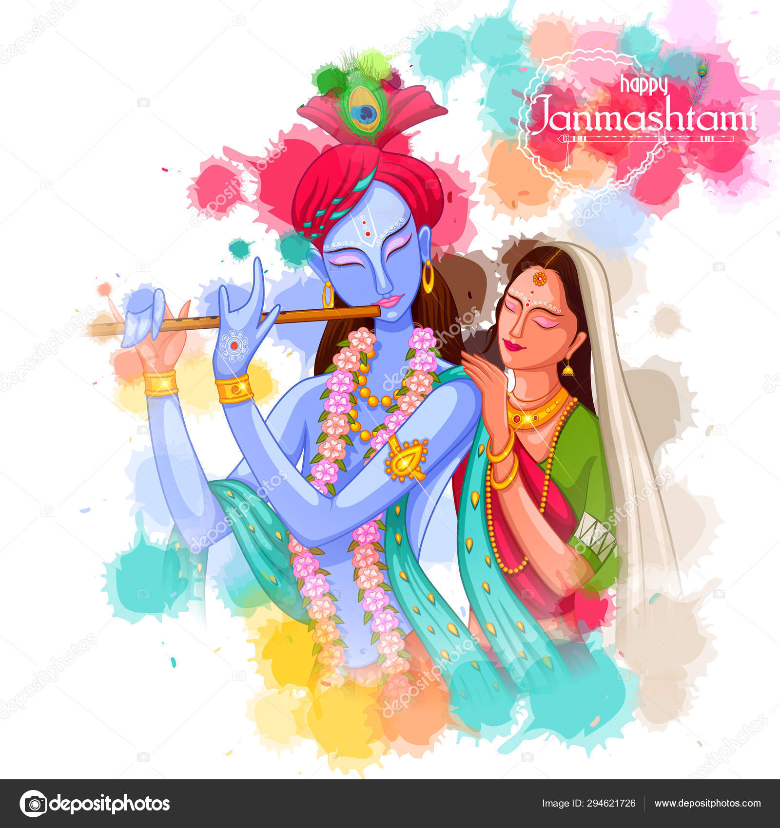 Deus Krishna tocando flauta com Radha no fundo do festival Happy  Janmashtami da Índia Vetor de ©stockshoppe 294621726, image size:1600x1700