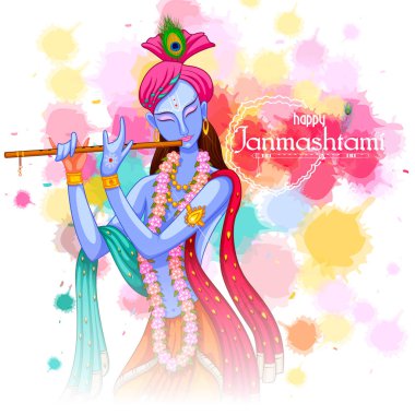 God Krishna playing flute on Happy Janmashtami festival background of India clipart