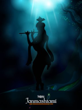 Tanrı Krishna, Mutlu Janmashtami festivalinin arka planında flüt çalıyor.