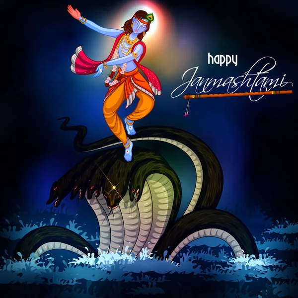 Krishna dansen op Kaliya Snake op Happy Janmashtami Festival achtergrond van India — Stockvector