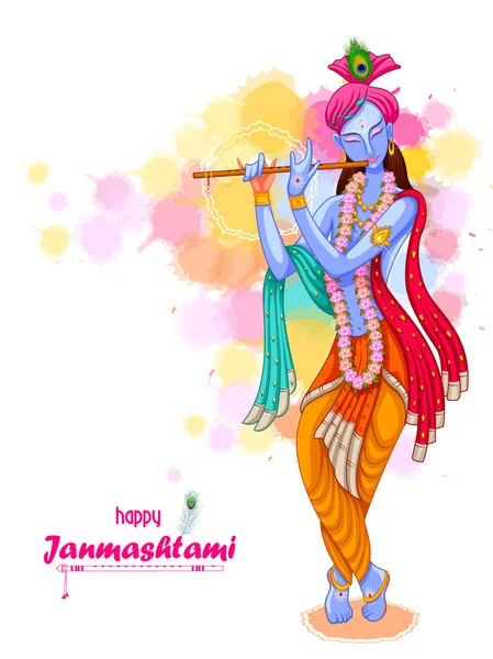 Dios Krishna tocando la flauta en el feliz festival Janmashtami fondo de la India — Vector de stock