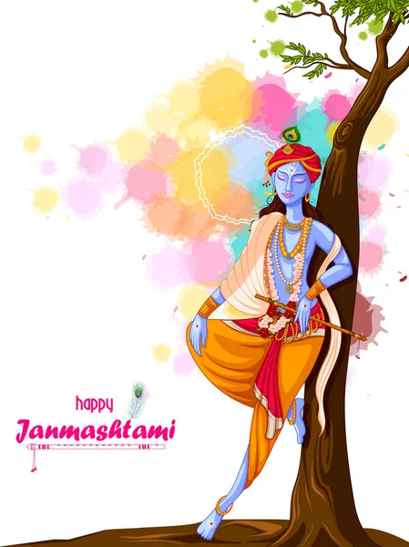 Dios Krishna tocando la flauta en el feliz festival Janmashtami fondo de la India — Vector de stock