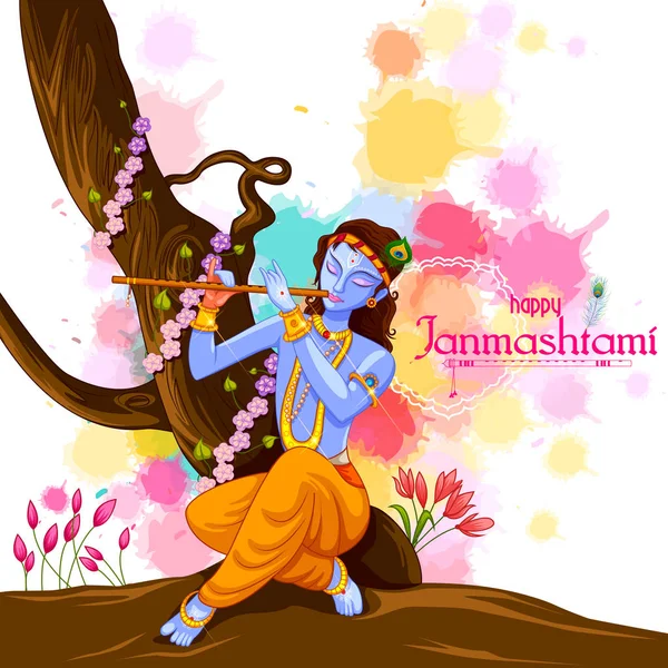 Dios Krishna tocando la flauta en el feliz festival Janmashtami fondo de la India — Vector de stock