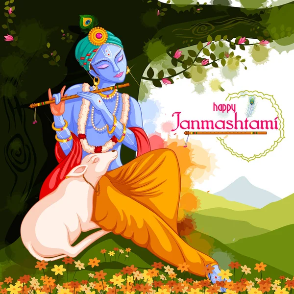 Isten Krishna játszik fuvola Boldog Janmashtami fesztivál háttere India — Stock Vector