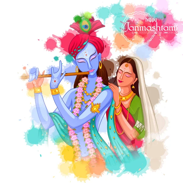 Deus Krishna tocando flauta com Radha no fundo do festival Happy Janmashtami da Índia — Vetor de Stock