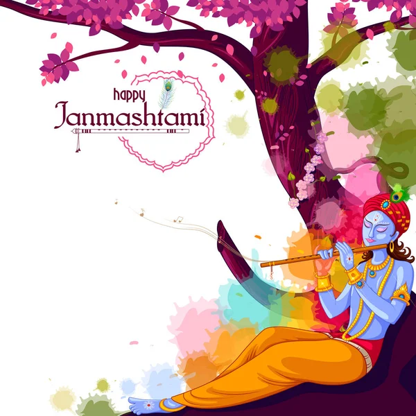 Tanrı Krishna, Mutlu Janmashtami festivalinin arka planında flüt çalıyor. — Stok Vektör