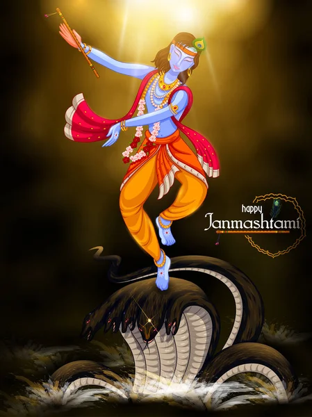 Krishna bailando en la serpiente Kaliya en el fondo del festival Happy Janmashtami de la India — Vector de stock