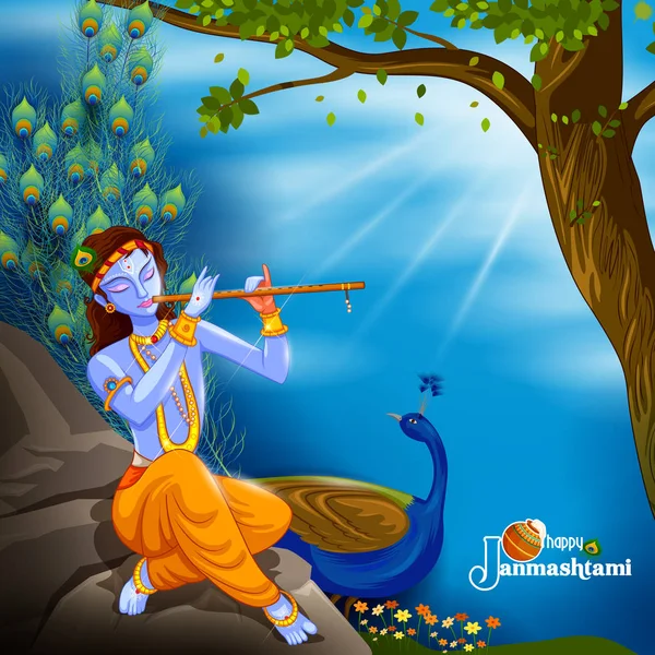 Dios Krishna tocando la flauta en el feliz festival Janmashtami fondo de la India — Vector de stock