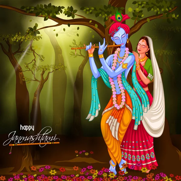 Tanrı Krishna Hindistan Happy Janmashtami festival arka plan Radha ile flüt oynuyor — Stok Vektör