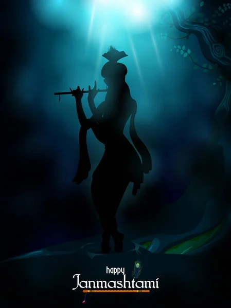 Dios Krishna tocando la flauta en el feliz festival Janmashtami fondo de la India — Vector de stock