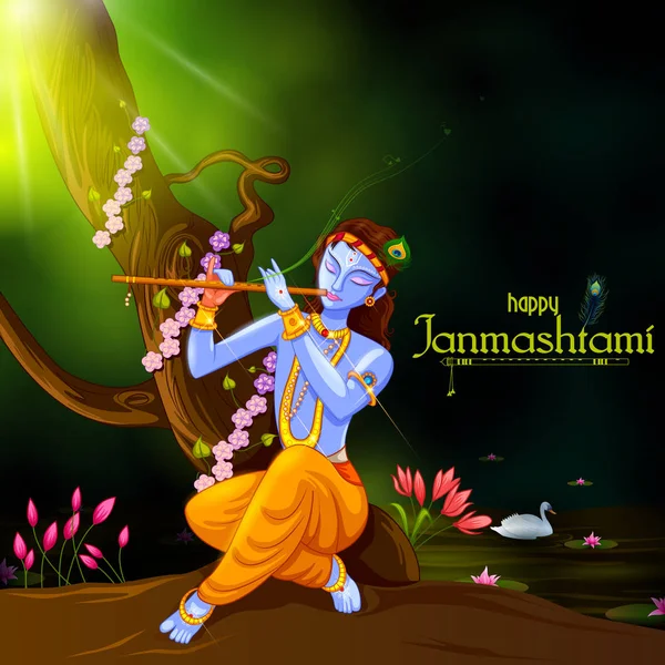 Dios Krishna tocando la flauta en el feliz festival Janmashtami fondo de la India — Vector de stock