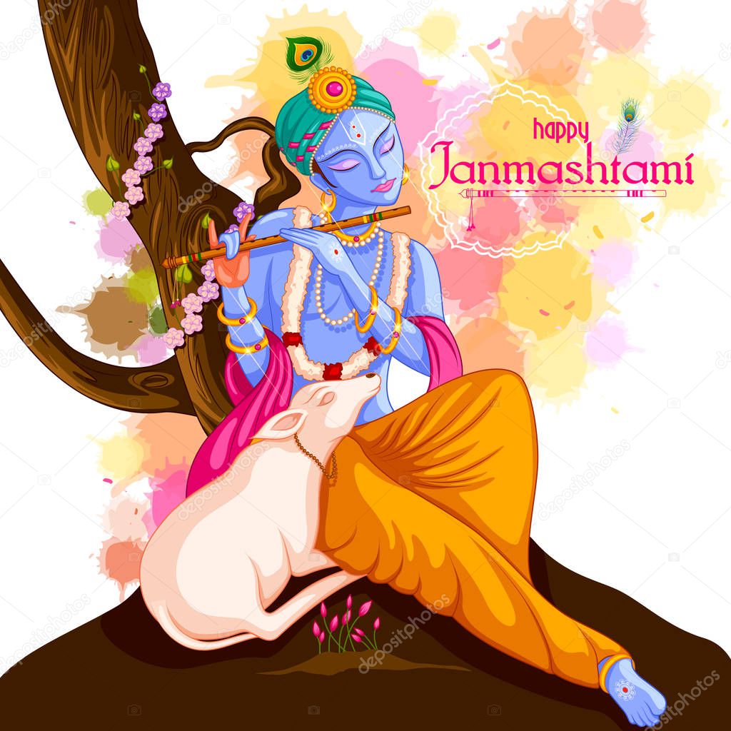 God Krishna playing flute on Happy Janmashtami festival background of India