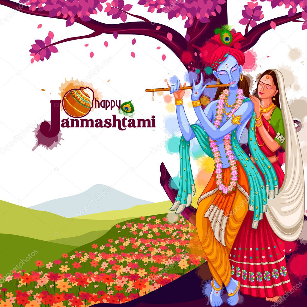 God Krishna playing flute with Radha on Happy Janmashtami festival background of India