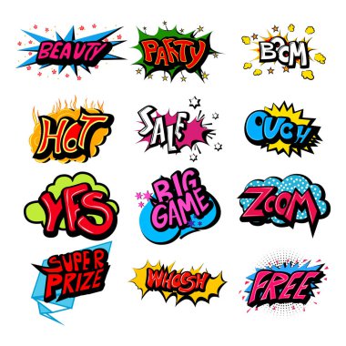 Retro pop sanat çizgi roman tarzı sohbet veya konuşma kabarcığı ses efekti ve ifadesi