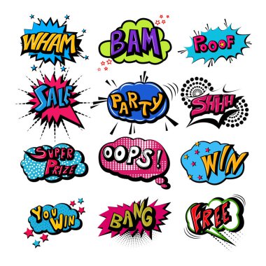 Retro pop sanat çizgi roman tarzı sohbet veya konuşma kabarcığı ses efekti ve ifadesi