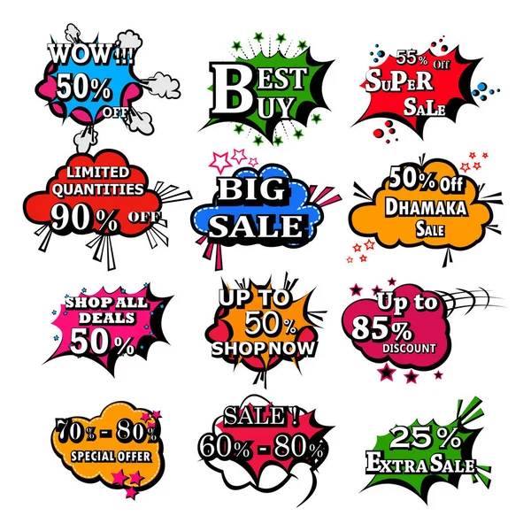 Comic style chat or speech bubble sound effect and expression for shopping sale and promotion discount offer — Stock Vector