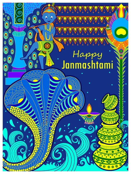 Dios Krishna tocando la flauta en el feliz festival Janmashtami fondo de la India — Vector de stock