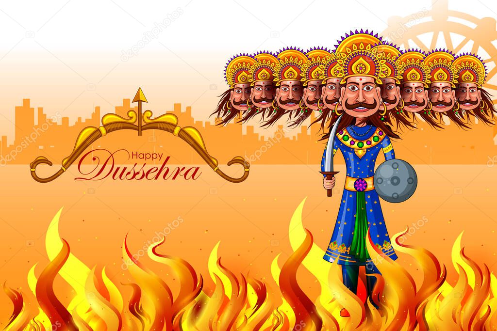 Ravana in Happy Navratri festival of India with Hindi word meaning Dussehra