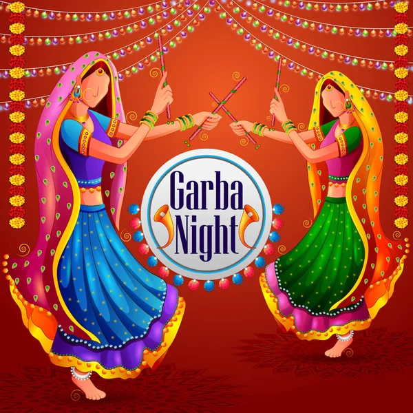 Lidé předvádějící tanec Garba na plakátovém banneru pro Dandiya Night — Stockový vektor