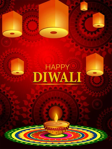 Zdobené Diya pro Happy Diwali svátek svátek oslavy Indie pozdrav pozadí — Stockový vektor