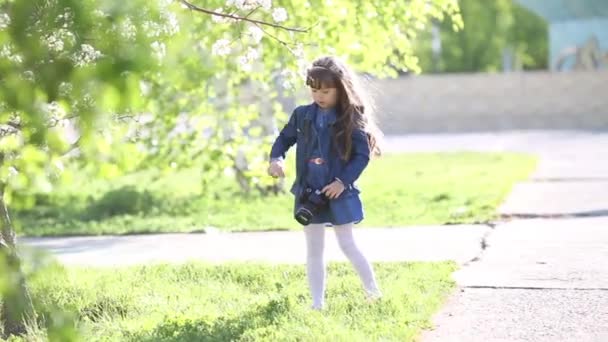 Een Mooi Klein Meisje Houdt Een Fotocamera Haar Handen Een — Stockvideo