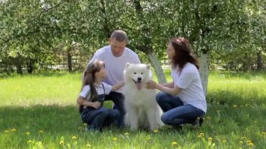 Üç kişilik bir aile ile parkta büyük bir köpek yürüyor. Çiçek açması elma ağacının yanında ebeveynleri kızları ile ev köpekleri pat..