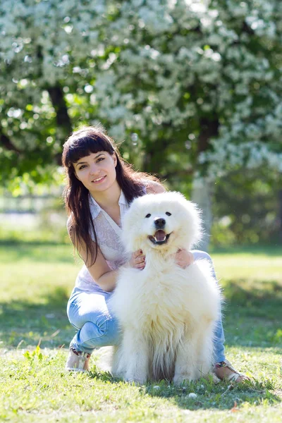 The brunette girl with a big white dog. Beautiful young girl is walking with her dog in a summer park.
