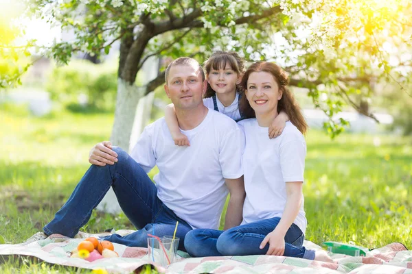 Parents and a 5 year old daughter are sitting in the garden under a blossoming apple tree.
