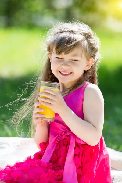 Dziewczynka Czerwonej Sukience Piknik Parku Siedzi Pije Sok Pomarańczowy — Zdjęcie stockowe