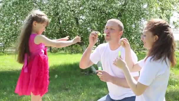 両親は 公園で夏に自分の娘に石鹸の泡をみましょう 小さな女の子がシャボン玉で遊んでいます — ストック動画