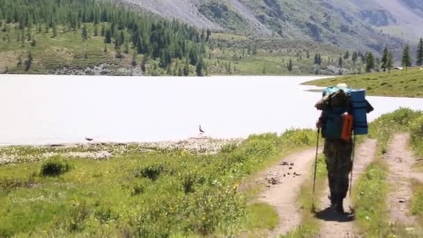 Hombre Con Una Mochila Camina Largo Río Montaña Turista Con — Vídeos de Stock