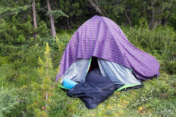 A man in a sleeping bag is sleeping in a tent. The tourist rolled down from the tent sleepy in a sleeping bag.