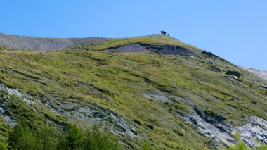 Birkaç turist dağda yüksek hazır. Bir grup insan bir dağın zirvesinde.