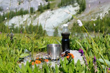 Dağlarda yürüyüş sırasında öğle yemeği. Suyu ve kurutulmuş meyveler, Kuru Erik, Kuru kayısı ve tarihleri. Dağlarda temiz havada öğle yemeği.