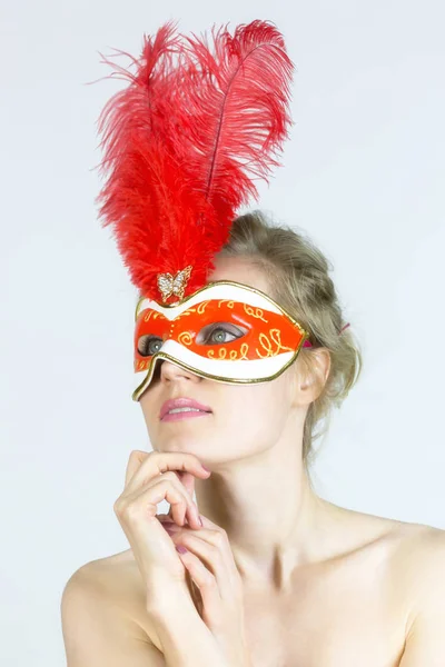 Blond Woman Beautiful Mask Feathers White Background — Stock Photo, Image