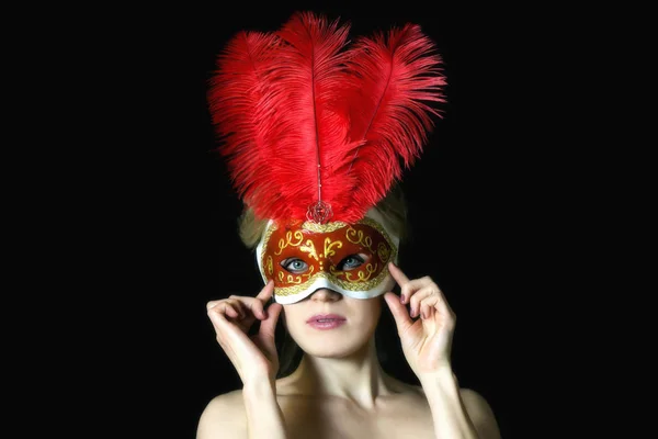Blond Woman Beautiful Mask Feathers Black Background — Stock Photo, Image